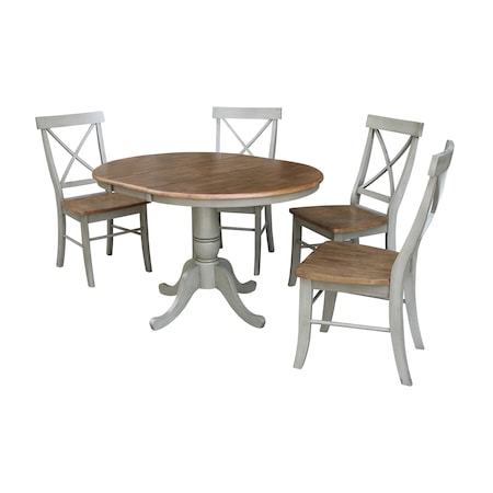 International Concepts Round 36 in Rd Extension Dining Table, 4 X-back Chairs, Hickory/Stone, 36 W, 48 L, 29.3 in H, Wood K41-36RXT-C613-4